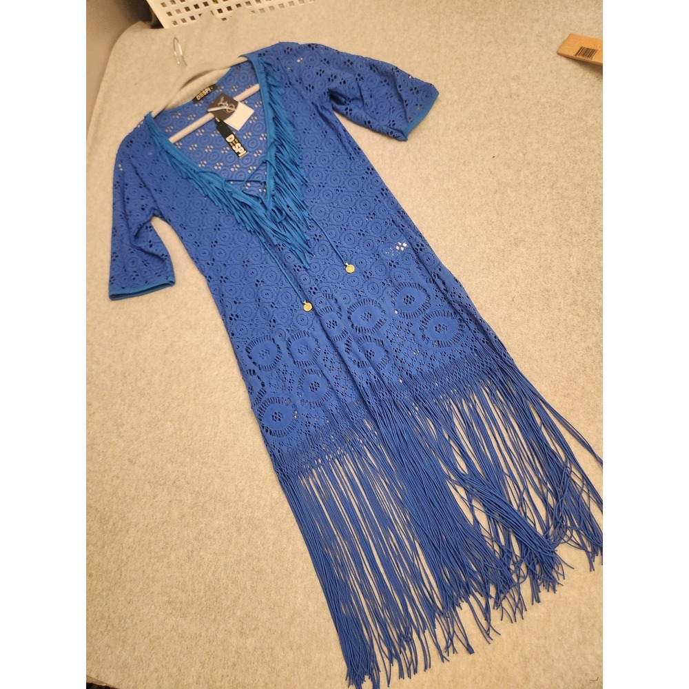 Despi Fringe Crochet Tunic Womens Medium Ocean Blue Swim Cover Up Beach Boho New